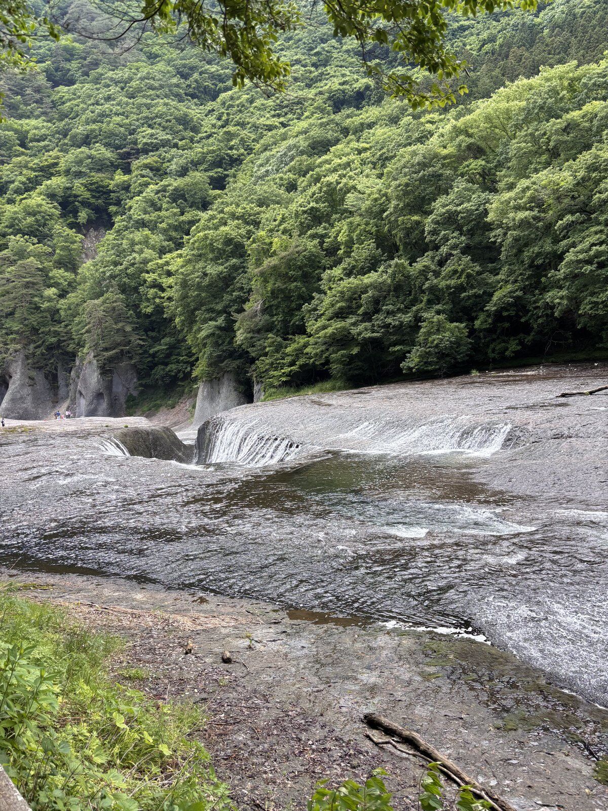広い岩床を一気に流れ落ちる吹割の滝