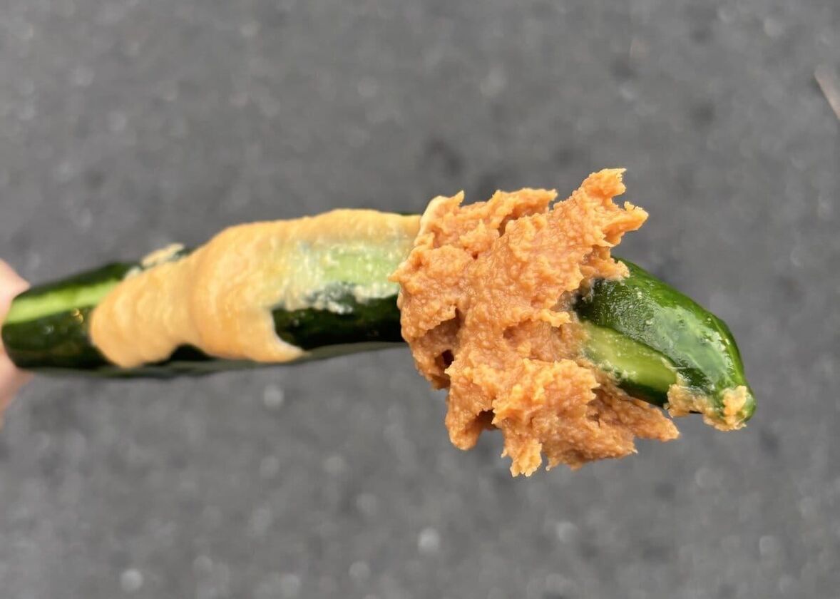味噌を2種類つけた特大の冷やしきゅうり